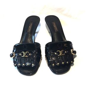 Louis Vuitton black patent kitten heel sandals